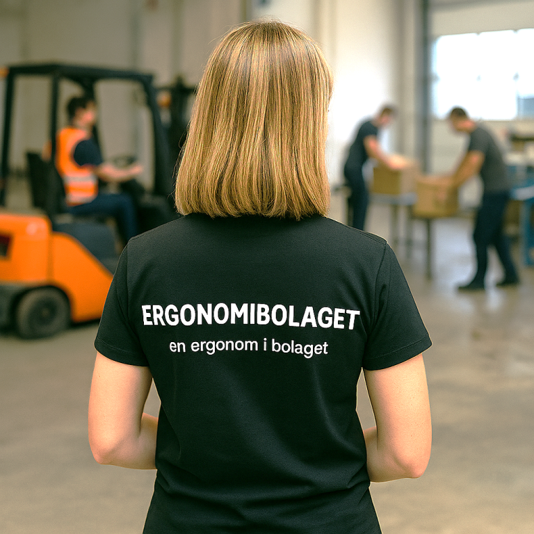 En kvinna står med ryggen mot kameran och på ryggen står Ergonomibolaget. Hon tittar på människor i arbete.